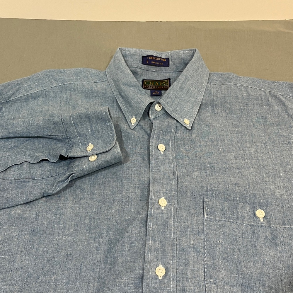 Vintage Chaps Ralph Lauren Button Down Shirt Mens 16 34/35 Blue Made in USA
